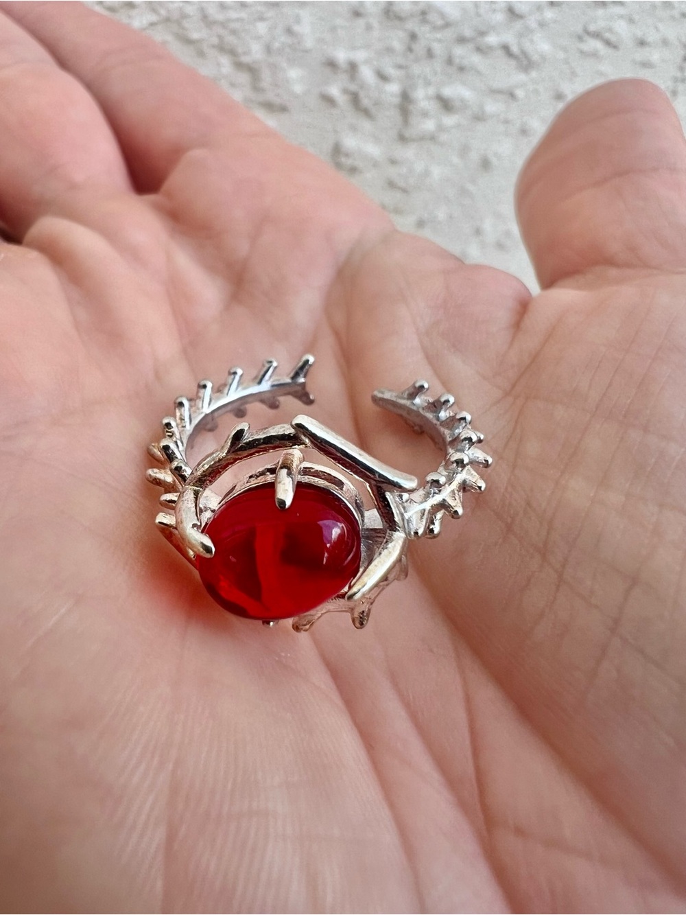 925 Sterling Silver Goth Adjustable Ring Red Stone